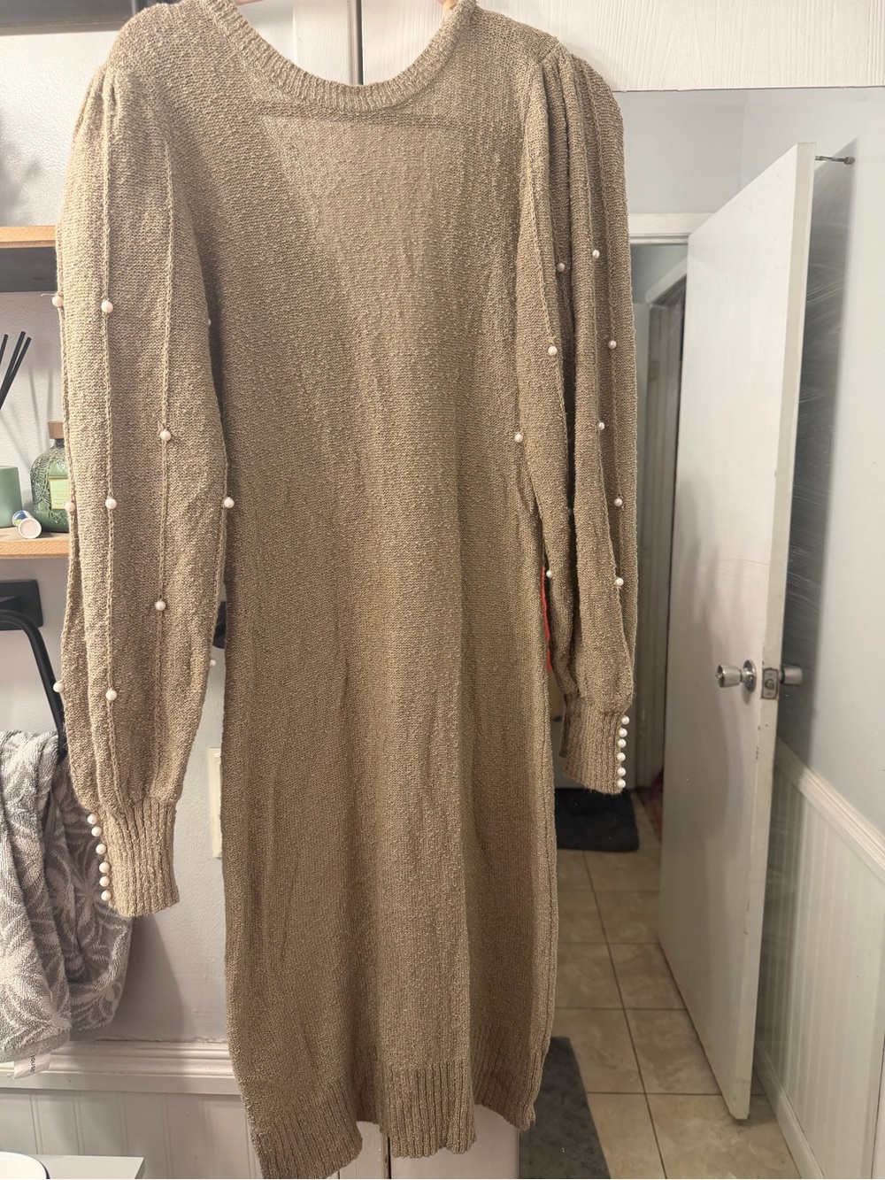 Vintage 70’s Just Mort Beaded Sleeve Knit Sweater Dress - Taupe